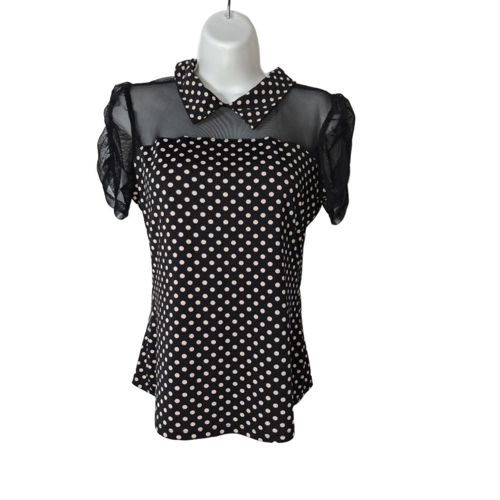 18 Forever 21 womens rockabilly vtg goth Witchy Black & White Polka Dot Blouse L - Picture 1 of 4